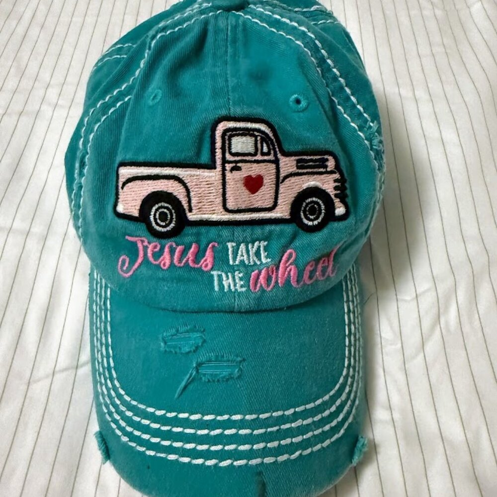 Jesus‎ Take The Wheel Turquoise Distressed Pink Truck Hobby Lobby Ponytail Hat